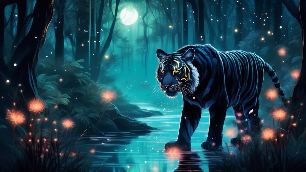 An ethereal forest under a full moon, with a mystical black tiger emerging from the mist, surrounded by faint glowing fireflies and reflections in a nearby stream.