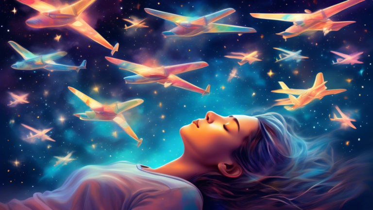 An ethereal digital painting of a serene, sleeping person with surreal, dream-like airplanes gently floating through a starry night sky around their head, symbolizing the subconscious mind during a dr