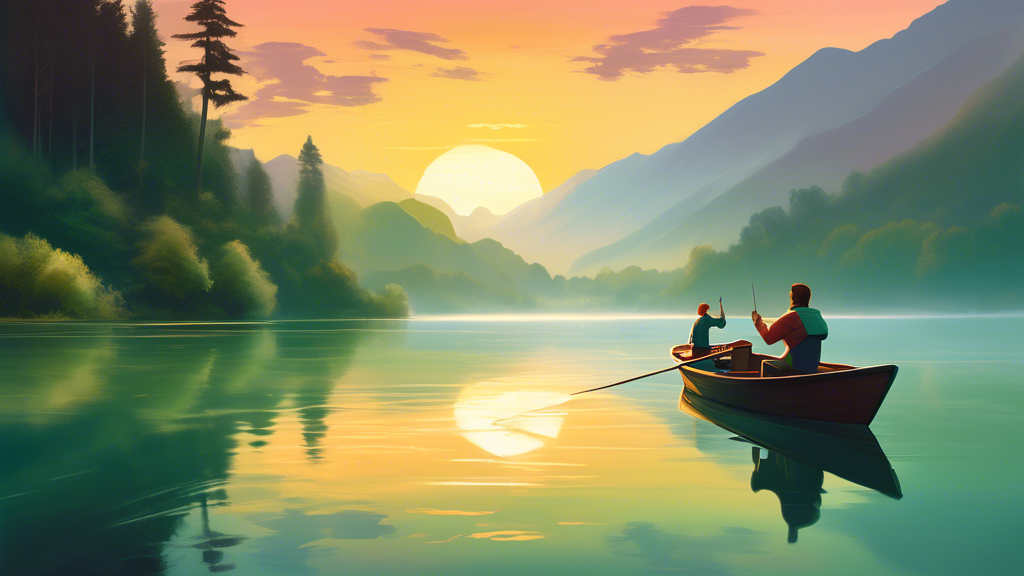 Two people boating on a serene, misty lake, surrounded by lush green forests and mountains in the background, under a soft, glowing sunrise, with one person pointing towards the horizon, portraying a