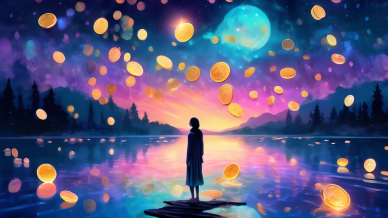 An ethereal dreamscape with translucent, glowing coins floating in the air over a serene lake under a clear starry night sky, with a shadowy figure standing on the shore gazing at the spectacle.