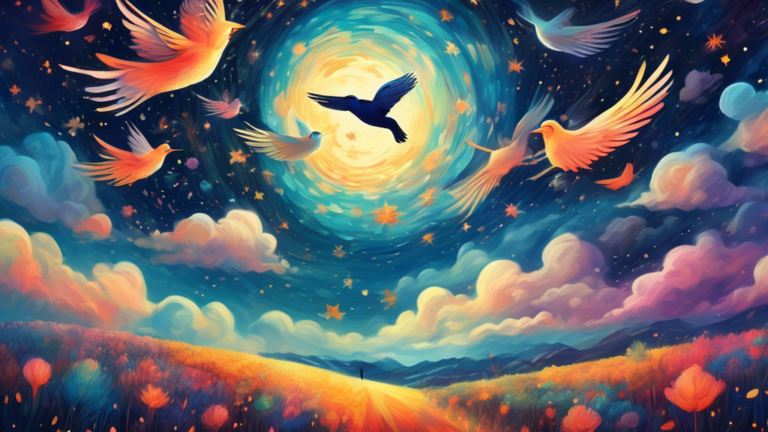 Create a surreal artwork depicting a person peacefully flying above a lush, vast landscape under a glowing, starry night sky, surrounded by ethereal clouds and gentle birds, symbolizing freedom and ex