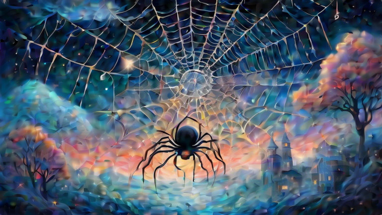 An ethereal painting of a surreal dreamscape featuring a gentle giant spider weaving a complex, luminous web that encloses symbolic elements like clocks, keys, and clouds, set against a starry night s
