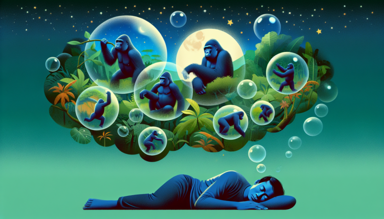 A surreal composition depicting a person peacefully sleeping under a starry sky, with transparent, dream-like bubbles containing scenes of gorillas engaging in various natural behaviors like grooming,
