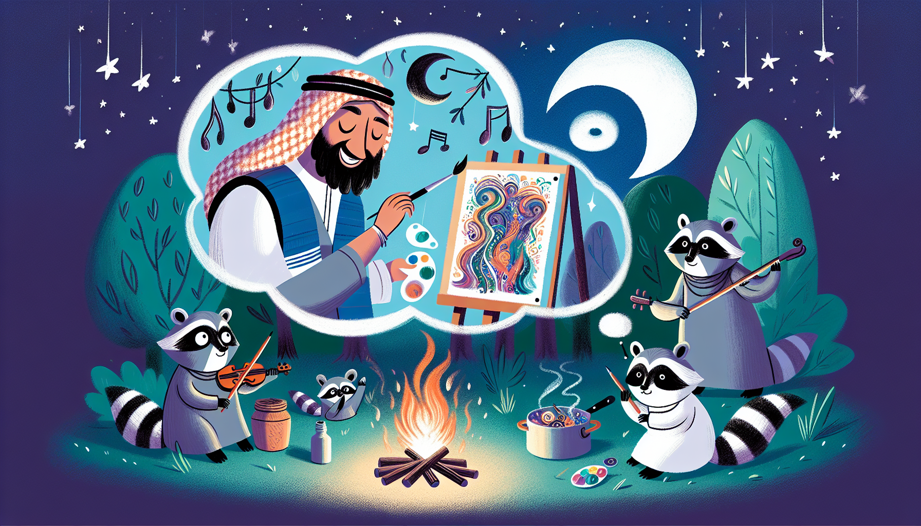 A whimsical scene depicting a person asleep under a starry sky, dreaming of raccoons performing various human activities like painting, cooking, and playing musical instruments around a glowing, magic
