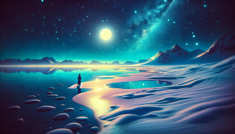 An ethereal scene of a serene beach blanketed in snow under a starry night sky, with a lone figure standing at the water's edge, contemplating the unusual fusion of sand and snow, illuminated by the s