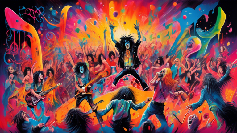 A vibrant and surreal painting of a lively 1980s rock concert with the members of Motley Crue performing on stage, infused with abstract elements and symbolic motifs that interpret the band’s chaotic
