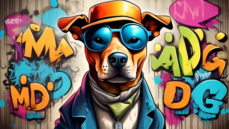 Create a whimsical digital painting of a cartoon dog wearing sunglasses and a detective hat, casually leaning against a graffiti-covered wall in an urban alley, with speech bubbles containing various
