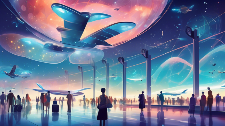 An ethereal scene at a surreal airport with dreamscape elements including floating clocks, misty runways, and passengers with transparent wings, all under a starlit sky.