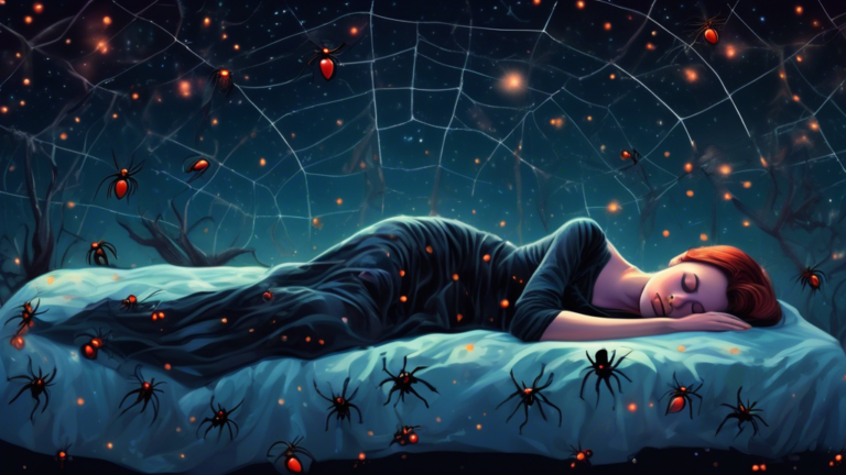 An ethereal and slightly surreal scene of a person sleeping peacefully under a starlit sky, with translucent black widow spiders gently floating around and above them, symbolizing deep subconscious fe