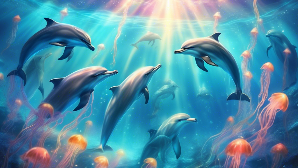 A dreamlike underwater scene depicting a group of dolphins swimming gracefully around a sleeping human, with soft beams of sunlight filtering through the water, surrounded by ethereal, glowing jellyfi