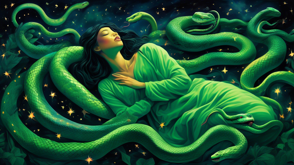 An ethereal dreamscape featuring a surreal mix of black and green snakes entwined around a sleeping person under a luminous, star-filled sky.
