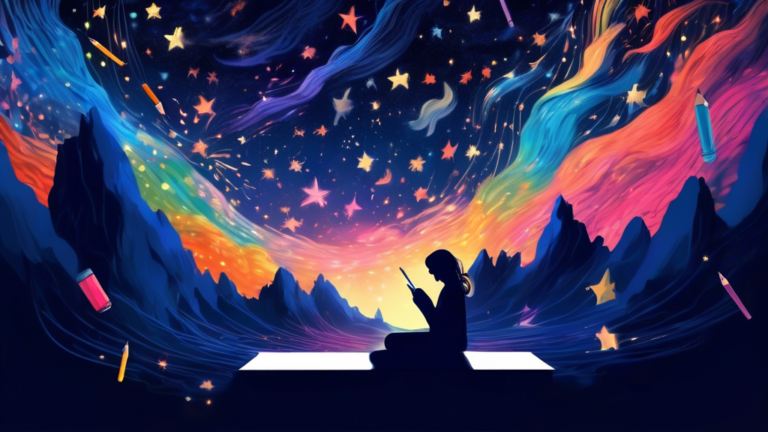 An ethereal dreamscape with floating pencils of various sizes and colors, twinkling stars in a midnight blue sky, and a silhouette of a thoughtful person scribbling in a giant notebook.