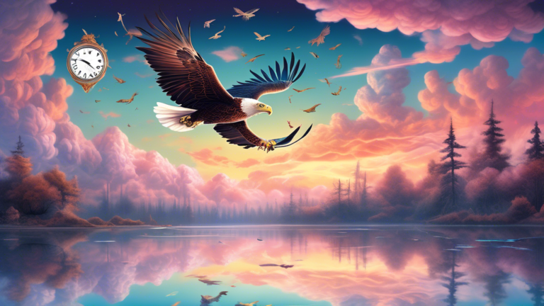 Create a surreal dreamlike landscape at twilight with a large, majestic eagle soaring above a tranquil lake, its reflection visible in the water. Surround the eagle with faint, ethereal images of vari