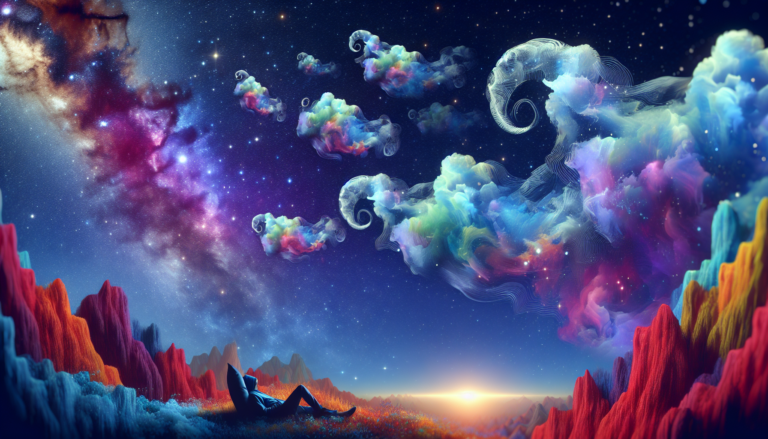 An ethereal scene of a person sleeping under a starry sky, with translucent elephants made of clouds walking across the heavens, symbolizing the journey through the mysterious landscape of dreams abou