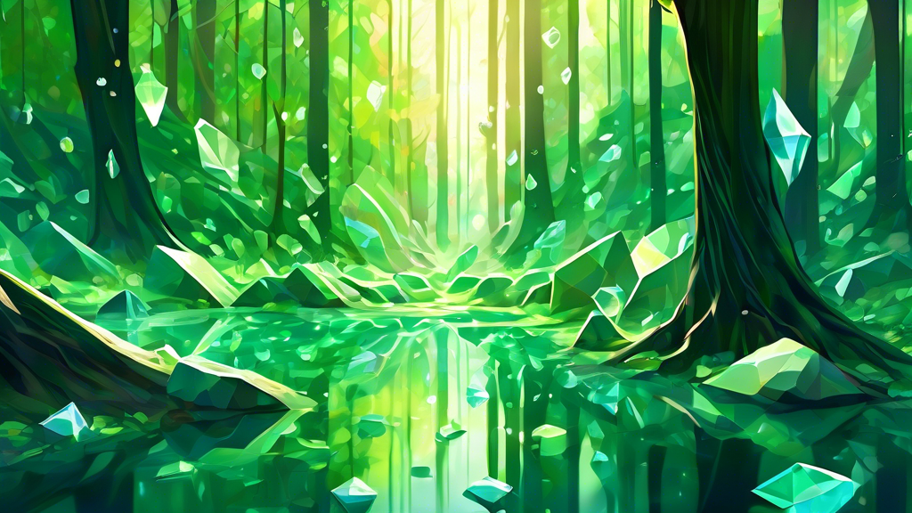 a serene forest landscape filled with various shades of green crystals emerging from the ground, with sunlight filtering through the treetops and casting reflections on the crystal surfaces
