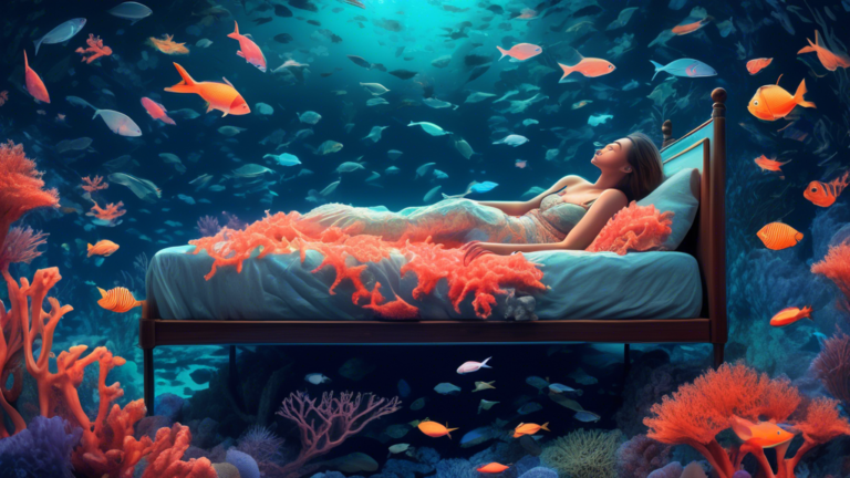 A surreal underwater dreamscape illustrating a person peacefully sleeping on a bed of coral surrounded by luminescent fish and gently swaying sea plants under a moonlit water surface.