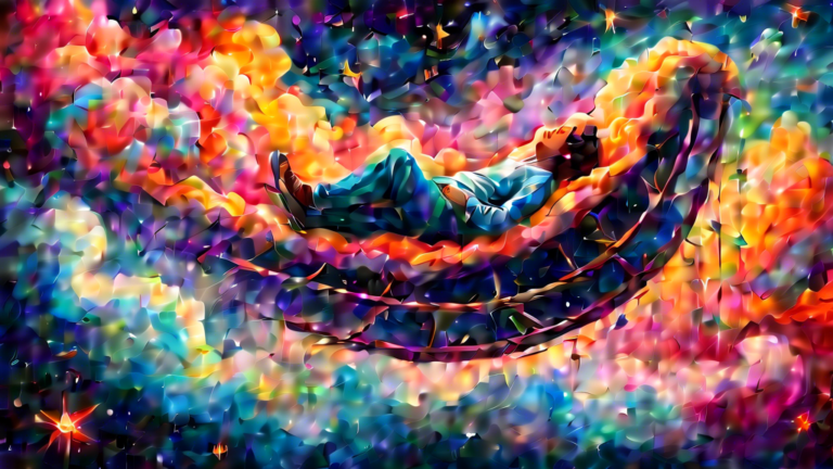 An ethereal and surreal painting of a person asleep on a cloud, dreaming of riding an endless, twisting roller coaster through a sky filled with stars and nebulae, symbolizing emotional highs and lows