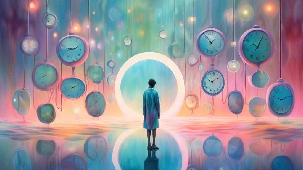 A surreal painting of a person standing in a dreamy, mist-filled landscape, facing a transparent, slightly distorted mirror reflection of themselves, surrounded by floating clocks and soft, glowing li