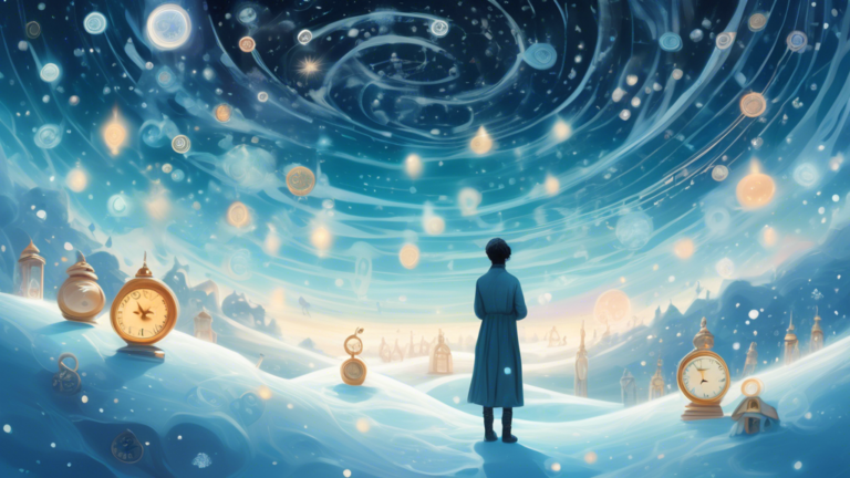 A surreal and ethereal landscape depicting a person standing alone in a vast field of swirling snow, with dream-like, translucent symbols such as clocks, keys, and soft glowing orbs floating gently ar
