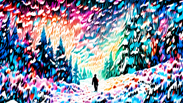 A surreal, ethereal landscape showing a lone figure walking through a deep, mesmerizing snow-covered forest under a starlit sky, with soft, dream-like clouds of shimmering light swirling above.