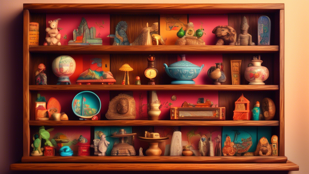 An intricately detailed vintage wooden shelf packed with assorted colorful trinkets from around the world, each item casting a slight shadow under a soft, warm light, illustrating a cozy, nostalgic am
