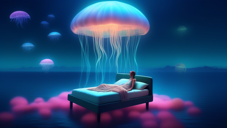 A surreal dreamscape with a vast, tranquil ocean under a moonlit sky, featuring a floating bed with a peacefully sleeping person, surrounded by ethereal jellyfish and softly glowing aquatic plants.