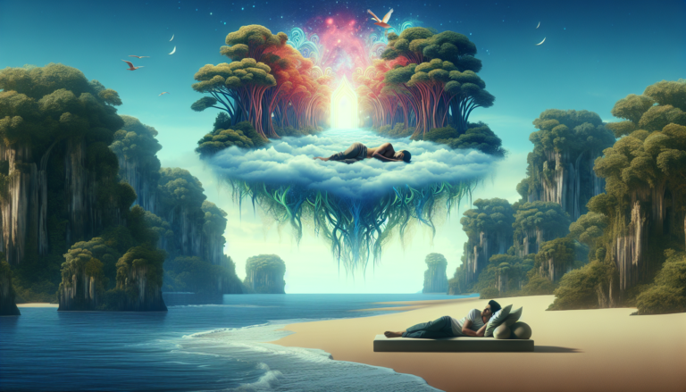 Create a surrealistic digital artwork depicting a person asleep on a tranquil beach, their dream creating a glowing, ethereal portal above them that reveals another vivid dream, where they are flying