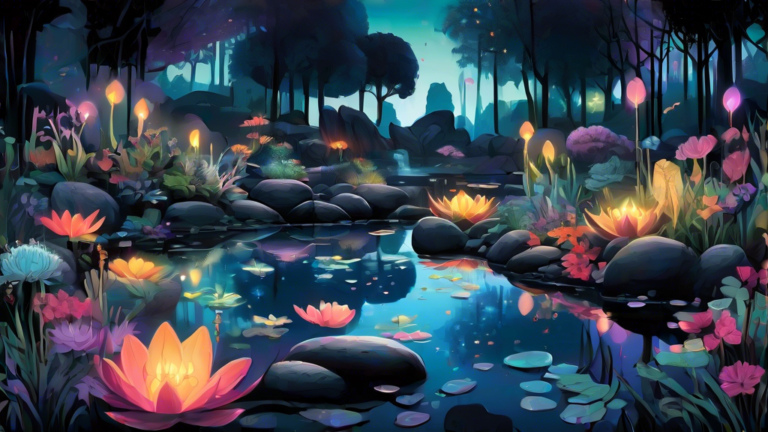 An enchanting illustration of a serene, mystical garden at twilight, where various black stones—like obsidian, onyx, and tourmaline—are strategically placed around a shimmering pond, each glowing subt