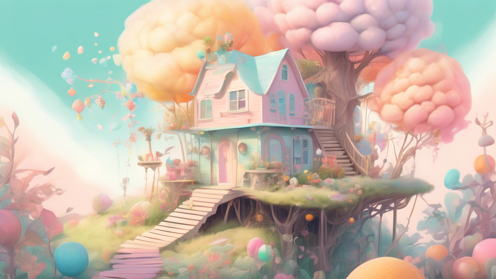 An ethereal digital painting of a person peacefully dreaming, surrounded by floating, whimsical elements of a childhood home, including nostalgic toys, an old treehouse, and a sunlit garden pathway, r