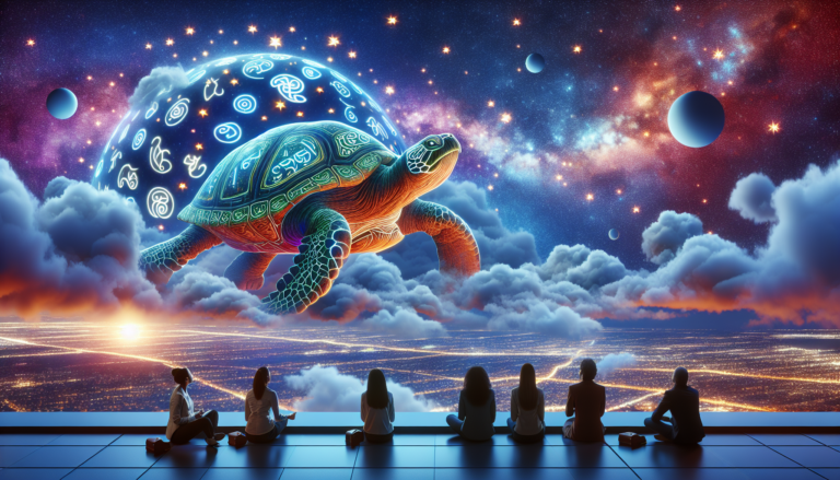 An ethereal dreamscape depicting a giant turtle floating among clouds in the sky, with ancient symbols glowing on its shell, surrounded by a cluster of people in various poses of wonder and reflection