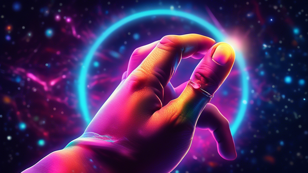 An elegant close-up illustration of a human hand, highlighting the pinky finger adorned with a glowing ring, set against a cosmic background symbolizing its unexpected importance in human evolution an