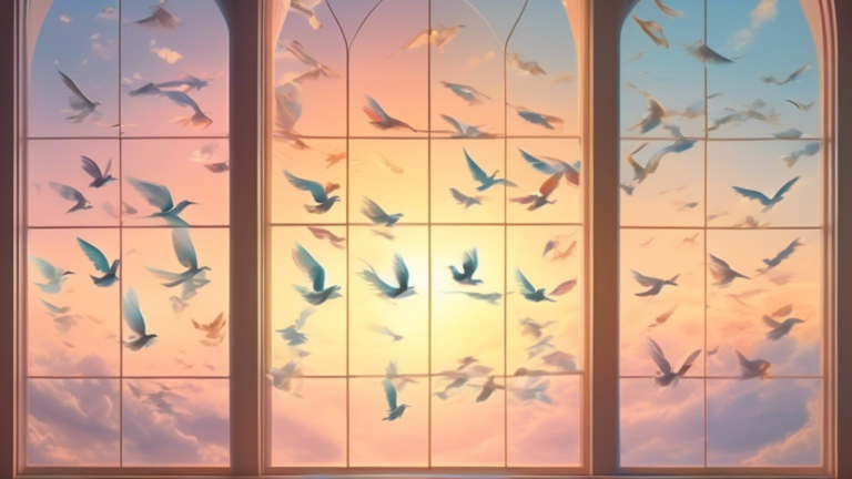 An ethereal scene depicting various species of birds gently fluttering at different heights near a large, clear, sunlit window, set against a serene backdrop of a sky at sunrise, interwoven with subtl