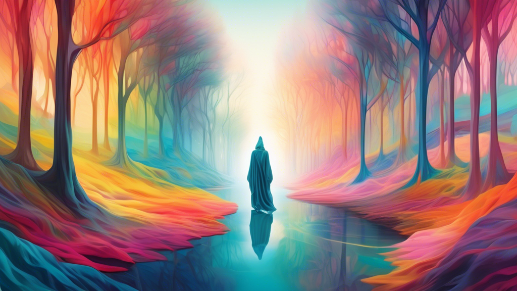 An ethereal and serene landscape with a transparent figure, half-clothed in flowing robes, wandering a path that winds through a surreal and colorful forest, reflecting introspection and the search fo