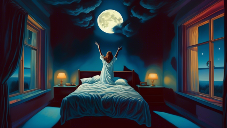 A surreal, dream-like painting depicting a person gently floating above their bed while shadowy, ethereal hands reach out towards their neck, set in a dimly lit, softly furnished bedroom with a glowin