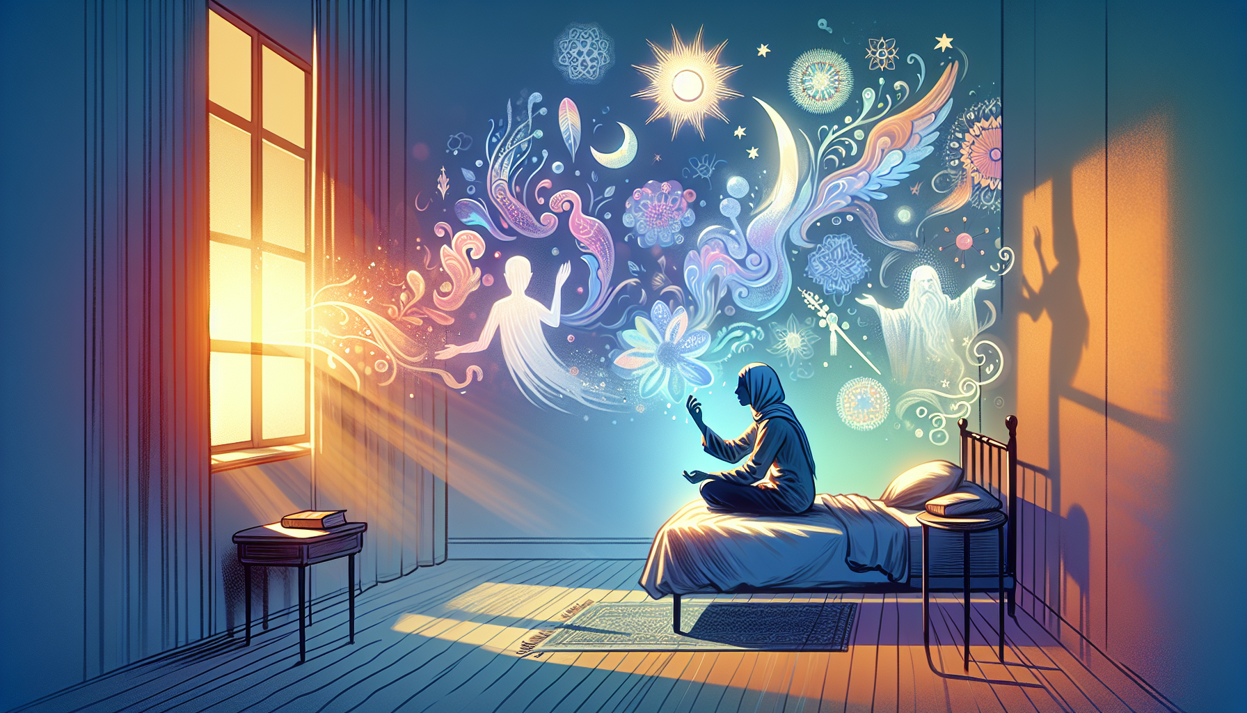 Illustration of a peaceful bedroom at dawn, light streaming through the window, with a person sitting on the edge of the bed, wiping away tears, surrounded by translucent dream-like figures and symbol