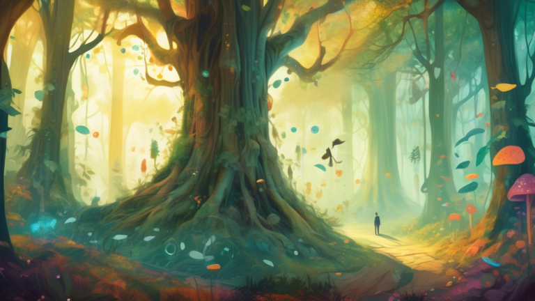 A serene, mystical forest with a giant, transparent human nose floating among ancient trees, illuminated by beams of sunlight filtering through the leaves, with small whimsical creatures examining it