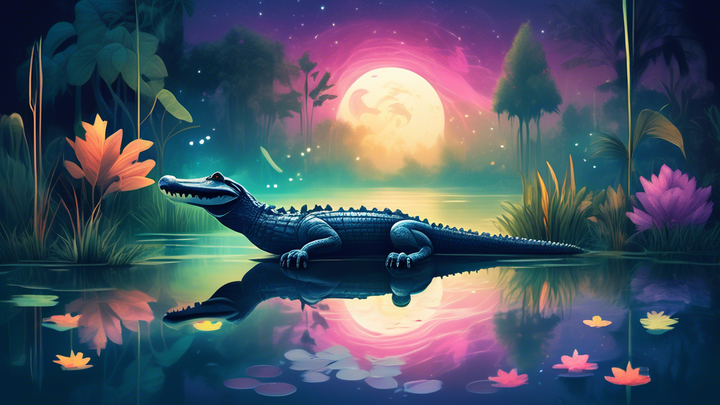 An ethereal dream sequence featuring a large, wise-looking alligator calmly resting by a tranquil, moonlit pond surrounded by misty, lush wetlands, with soft, glowing symbols and ancient runes floatin