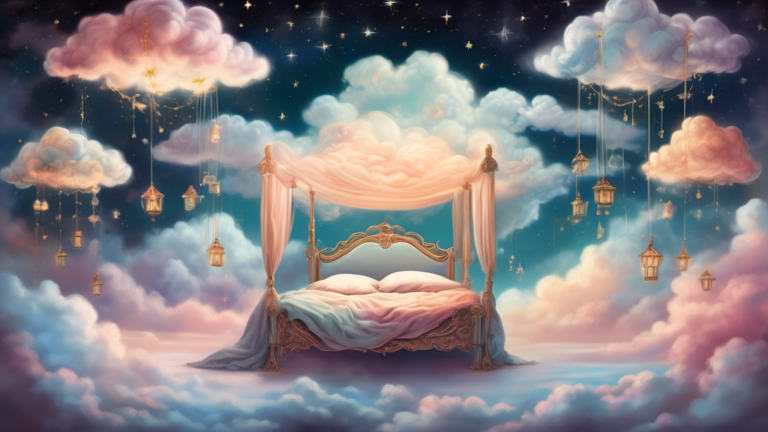A serene, mystical bedroom where dream-like clouds envelop an ornate, vintage bed floating gently in a starlit sky, with ethereal spirits in various peaceful poses around it, depicted in a soft, surre