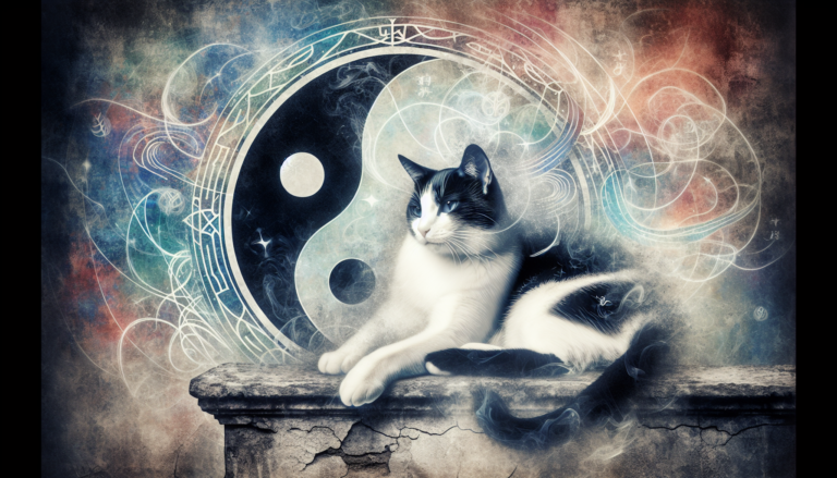 A serene black and white cat sitting on an ancient stone wall surrounded by a mystical fog, with subtle symbols of yin and yang floating around it.