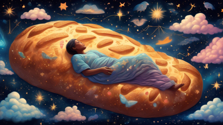 A surreal dreamscape depicting a person sleeping on a giant loaf of bread floating in a starry night sky, surrounded by ethereal clouds and faint silhouettes of various symbols and animals gently glow