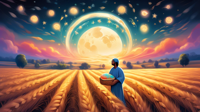 Create a mystical image of a person standing in a vast, serene wheat field under a luminous full moon, holding a glowing loaf of bread in their hands, with dream-like, transparent symbols of various f
