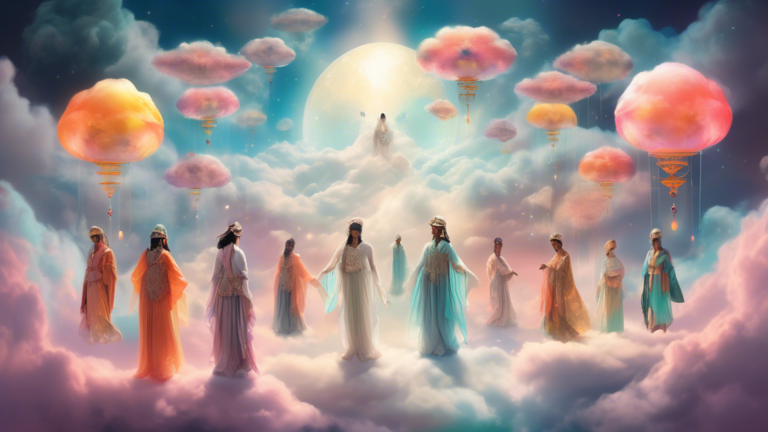 An ethereal dreamscape with floating, luminous clothes of various cultures and eras, surrounded by misty clouds and soft celestial light, symbolizing spiritual meanings in a tranquil, serene setting.