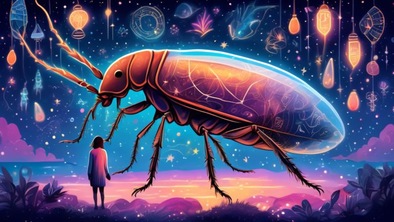An ethereal dreamscape featuring a giant translucent cockroach surrounded by mystical symbols and soft glowing lights, set against a starry night sky with a silhouetted figure contemplating the scene.