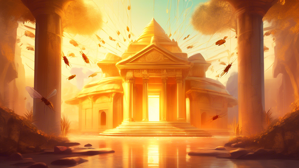 An atmospheric illustration of a serene, ancient temple bathed in soft golden sunlight, where delicate ethereal cockroaches fly around like fairies, each glowing with a mystical aura, symbolizing tran