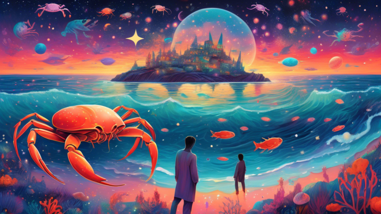 An ethereal seascape under a twilight sky, featuring a giant, transparent crab filled with swirling, luminescent cosmic stars, surrounded by dreaming human figures in various poses of contemplation an
