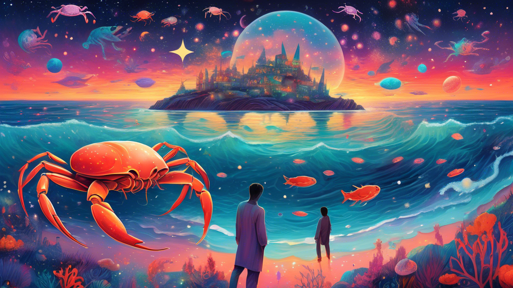 An ethereal seascape under a twilight sky, featuring a giant, transparent crab filled with swirling, luminescent cosmic stars, surrounded by dreaming human figures in various poses of contemplation an