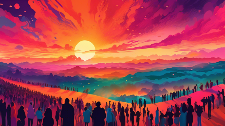 An ethereal landscape with a large, diverse crowd of people seen from above, all silhouetted against a vibrant sunset, embodying a serene and mystical atmosphere, suggesting deep spiritual significanc