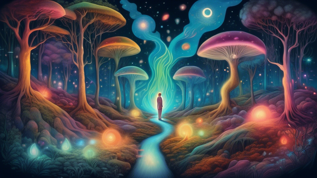 An ethereal and surreal dreamscape depicting a person standing on a winding path through a mystical forest, looking at different symbolic representations of feces, each glowing with an aura of differe