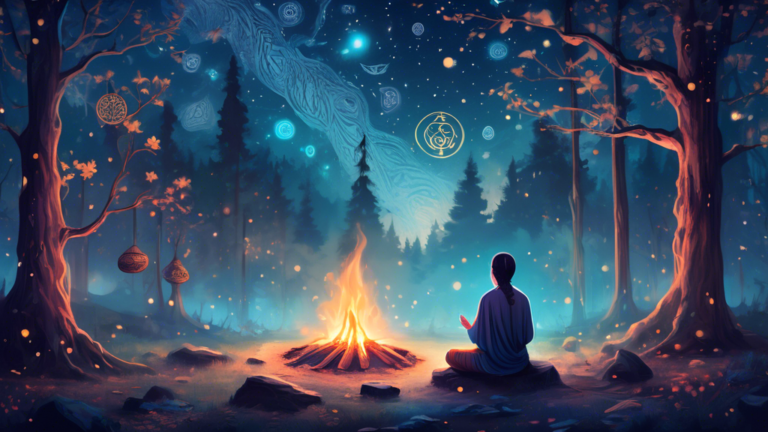 An ethereal scene depicting a person meditating beside a gently flickering campfire under a starlit sky, surrounded by ancient symbols representing various spiritual traditions, set in a tranquil, mis