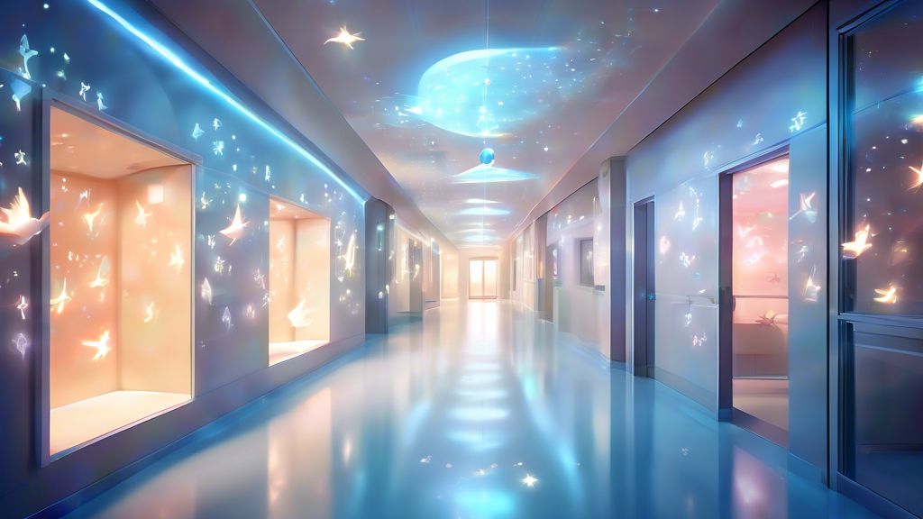 A tranquil, ethereal hospital hallway with soft, glowing light and semi-transparent walls, with dream-like, floating symbols like clocks, stars, and doves interspersed around, conveying a mystical and